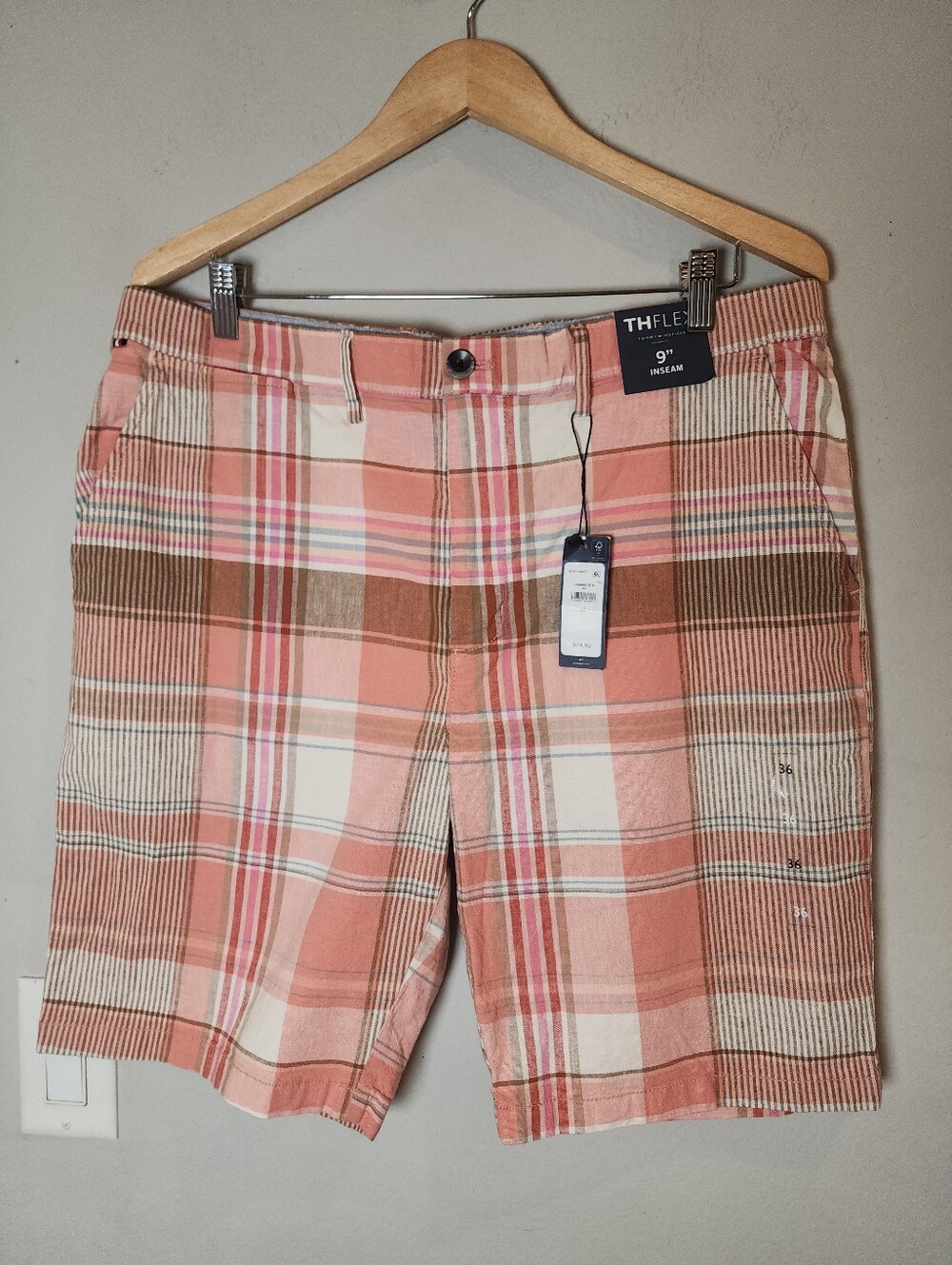Linen Cotton NWT Tommy Hilfiger Plaid 9" Shorts Peach Pink Plaid Men's Size 36